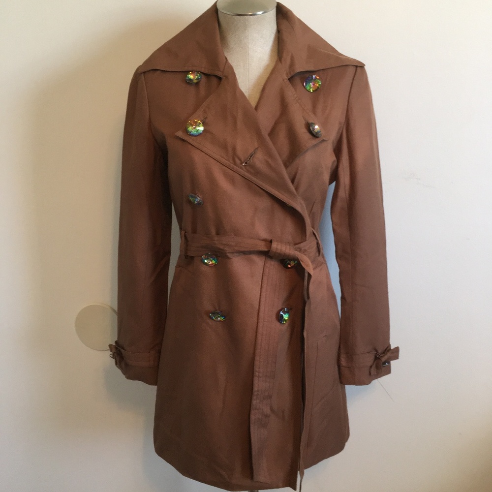 Megan Brown Silk Rhinestone Button Trench Coat